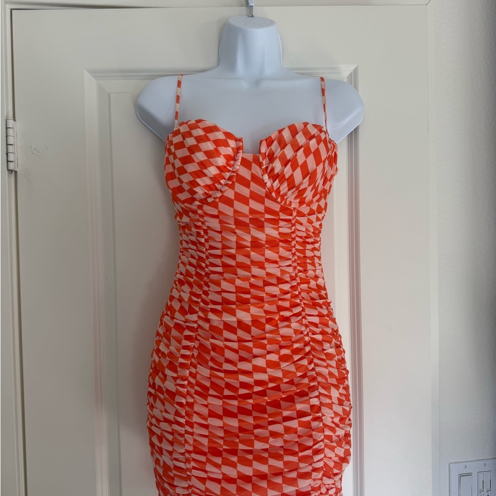 Privy Orange Checkered Mini Dress